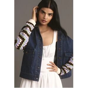 Anthropologie Crochet-Sleeve Denim Jacket Small NEW